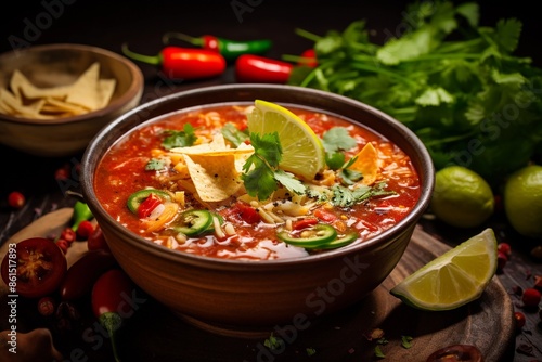 Mexican traditional tortilla soup with toppings and lime wedge
