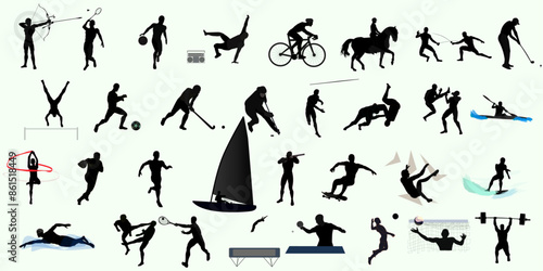 Set 32 silhouette sport action in variety style. Vector illustration.