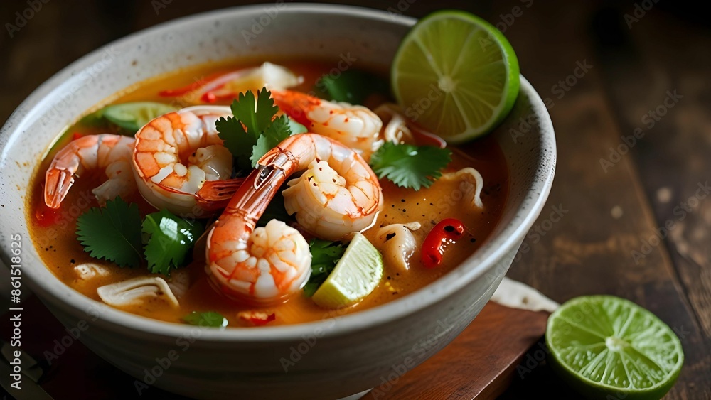 Spicy Thai Shrimp Soup: This vibrant bowl of Tom Yum Kung combines juicy shrimp with a zesty, spicy broth, enriched with lemongrass, lime, and chili peppers for a burst of authentic Thai flavors. Spicy Thai Shrimp Soup: This vibrant bowl of Tom Yum Kung combines juicy shrimp with a zesty, spicy broth, enriched with lemongrass, lime, and chili peppers for a burst of authentic Thai flavors.