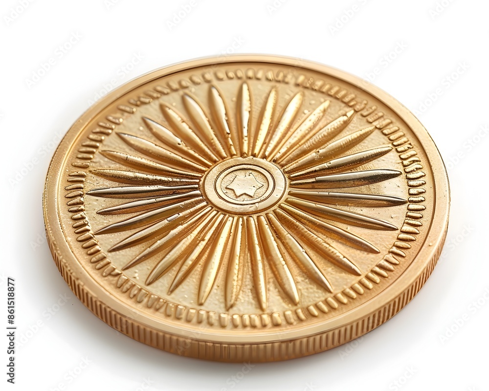 Shimmering Golden Coin with Radiant Starburst Pattern on White Background Shimmering Golden Coin with Radiant Starburst Pattern on White Background