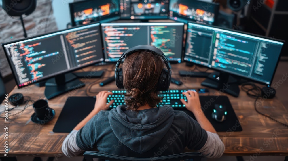 Back view of a programmer working on multiple monitors with code on screen. Back view of a programmer working on multiple monitors with code on screen.
