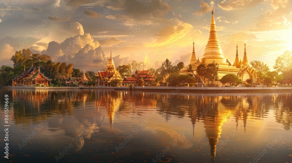 Obraz premium A serene panorama of a golden temple surrounded by the peaceful beauty of Thailand's landscape, the tranquil atmosphere and stunning architecture inviting viewers to explore the country's rich