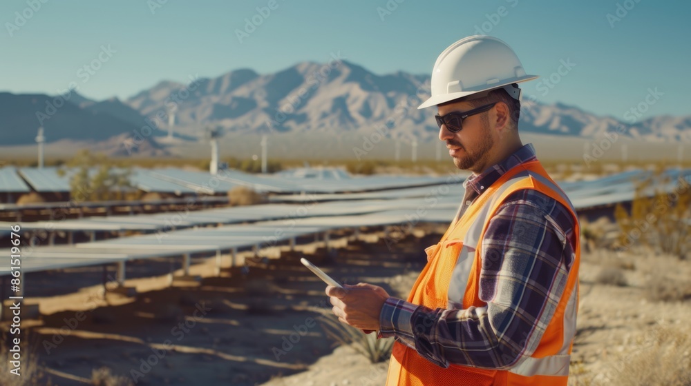 A focused engineer reviews data on a tablet while overseeing operations at a desert solar farm, their expertise instrumental in maximizing energy production from renewable sources amidst the rugged A focused engineer reviews data on a tablet while overseeing operations at a desert solar farm, their expertise instrumental in maximizing energy production from renewable sources amidst the rugged