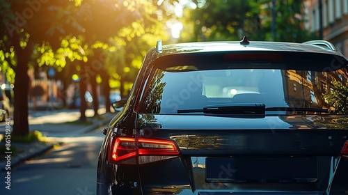 Closeup rear glass window of a car parked on street on summer sunny day, rearview. Mockup empty copy space for stickers or decals