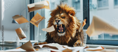 Furious lion businessman shouting and growling in office photo