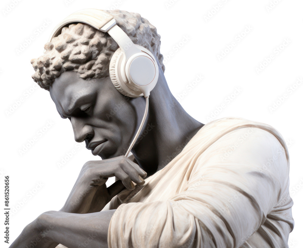 Obraz premium PNG Greek sculpture listening to music headphones portrait statue.