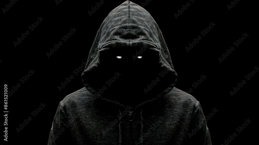 Faceless man in hoodie standing isolated on black, concept of hacker, thief, dark demon, mysterious creature, Halloween character, secret Faceless man in hoodie standing isolated on black, concept of hacker, thief, dark demon, mysterious creature, Halloween character, secret