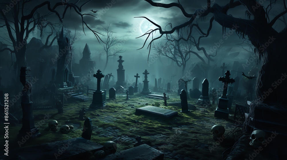 Eerie, moonlit graveyard with tombstones and barren trees, creating a spooky and atmospheric scene perfect for Halloween or horror themes. Eerie, moonlit graveyard with tombstones and barren trees, creating a spooky and atmospheric scene perfect for Halloween or horror themes.