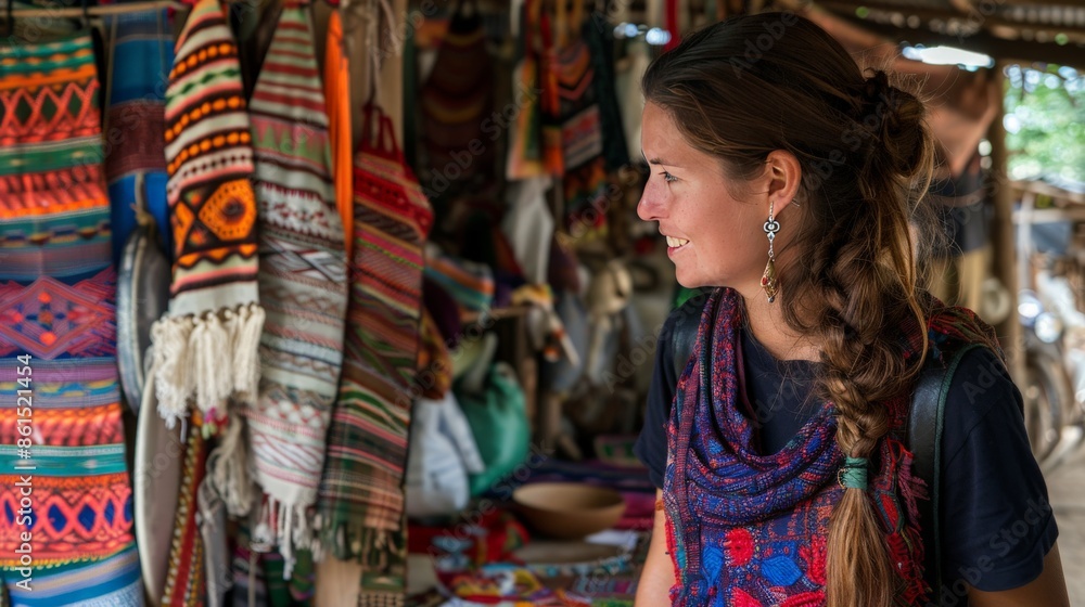 A solo traveler engaging with local artisans in a village in Laos A solo traveler engaging with local artisans in a village in Laos