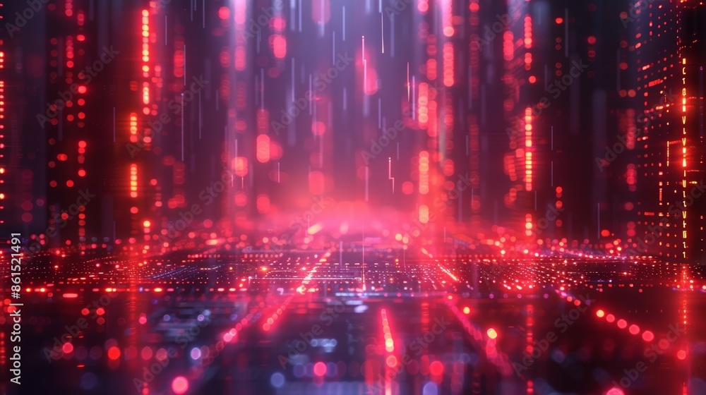 Fototapeta premium Futuristic Digital Grid: Illustrate a futuristic digital grid with glowing lines and nodes, creating a high-tech and immersive atmosphere perfect for tech-themed visuals. 