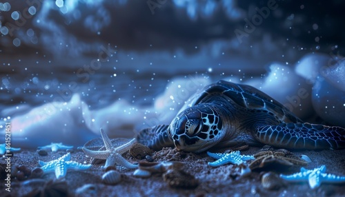 A sea turtle sleeps on a sandy beach at night among starfish. photo