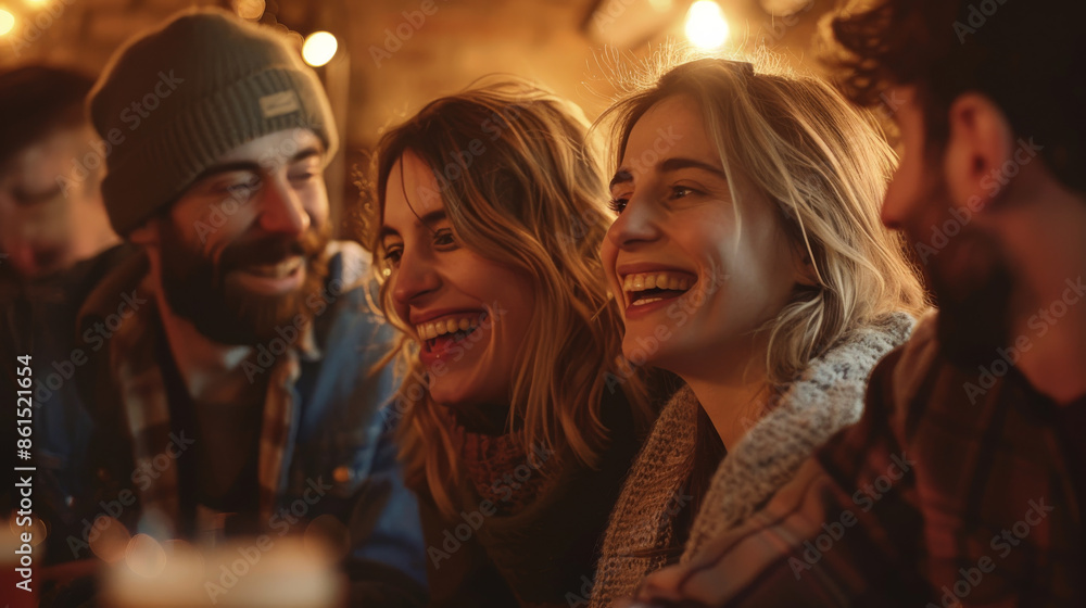 Portrait of laughing females having fun together in a bar, drinking beer and enjoying time at the pub with their male friends Portrait of laughing females having fun together in a bar, drinking beer and enjoying time at the pub with their male friends