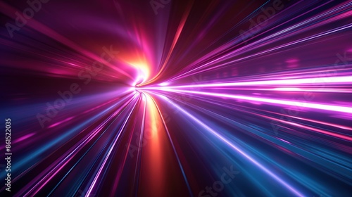 3d Render, Blue purple light line through dark background, hyper speed warp in space