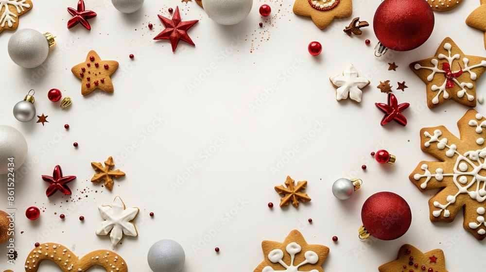 A festive assortment of gingerbread cookies and red and white ornaments are arranged on a table, evoking a cheerful holiday spirit and seasonal celebration. A festive assortment of gingerbread cookies and red and white ornaments are arranged on a table, evoking a cheerful holiday spirit and seasonal celebration.