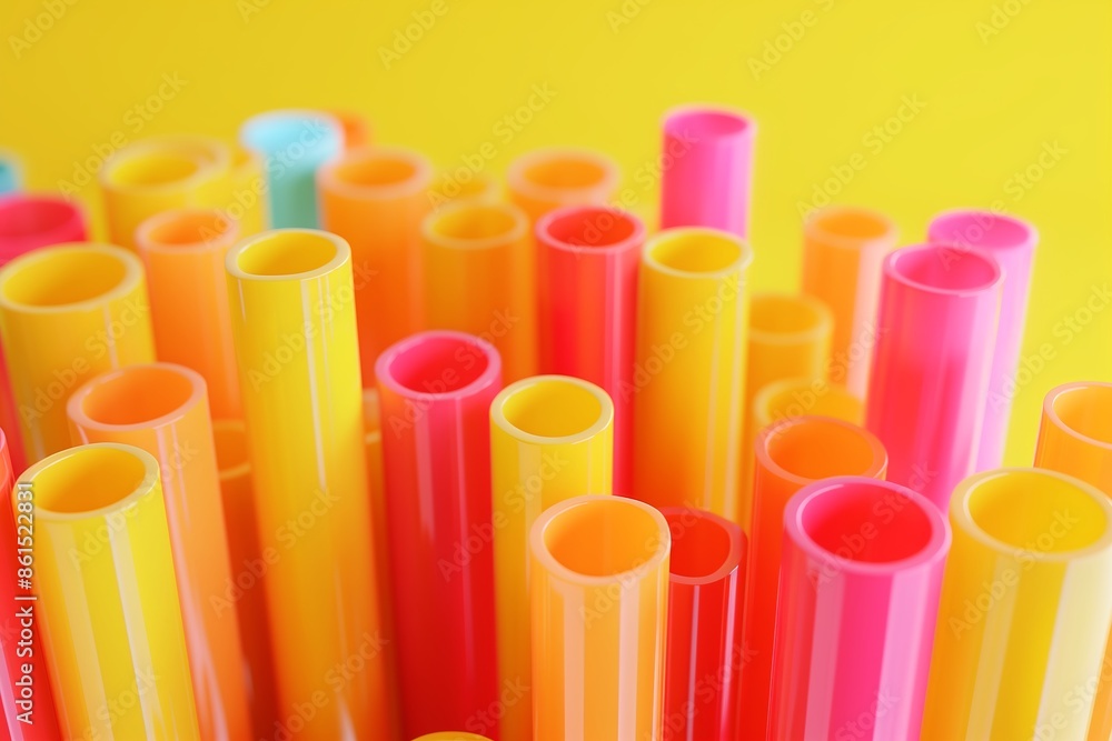Vertical arrangement of colorful pipes, including shades of pink, orange, and yellow, creating a lively and vibrant visual effect.