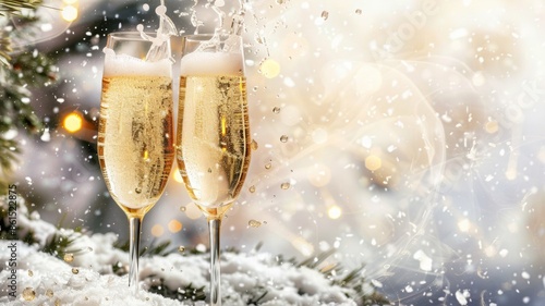 Two glasses of champagne on a snowy New Year's background. The concept of New Year and Christmas , background with a place for text