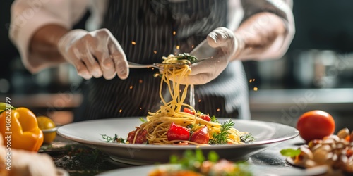 A chef skillfully plates a gourmet pasta dish with fresh ingredients, showcasing professional culinary techniques in a modern kitchen setting. photo