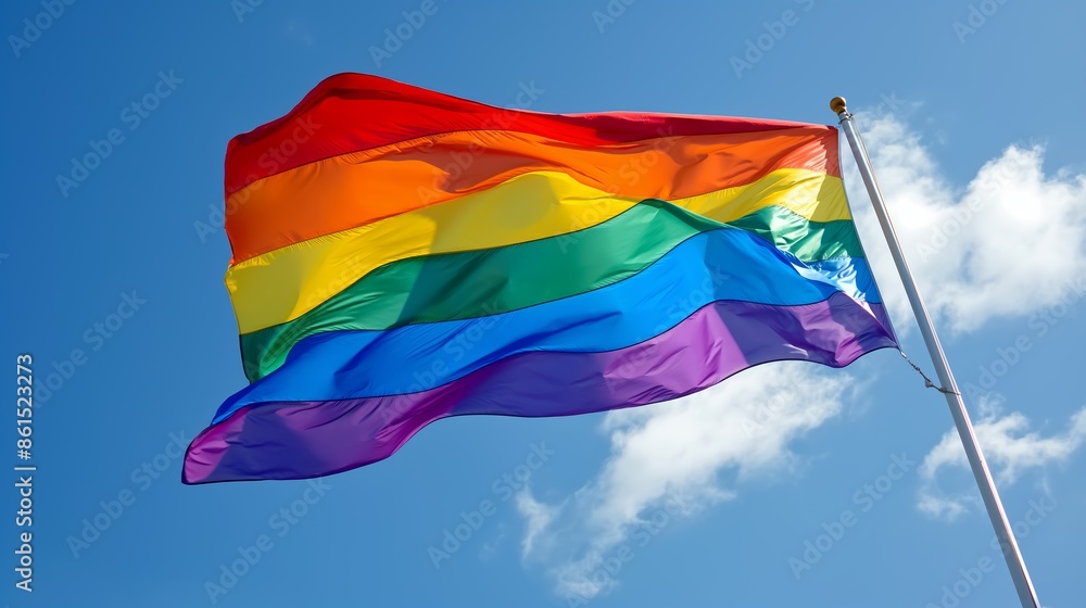 Vibrant LGBTQ+ Pride Flag Waving Against Clear Blue Sky Vibrant LGBTQ+ Pride Flag Waving Against Clear Blue Sky