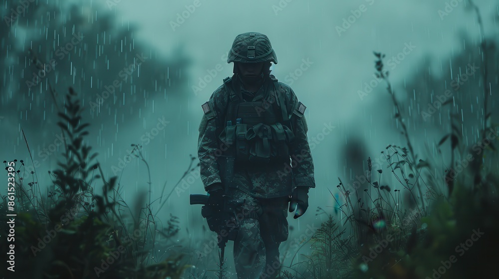A lone soldier clad in camouflage gear stands in the rain, surrounded by dense forest foliage, evoking a sense of solitude and resilience in the face of adversity. A lone soldier clad in camouflage gear stands in the rain, surrounded by dense forest foliage, evoking a sense of solitude and resilience in the face of adversity.