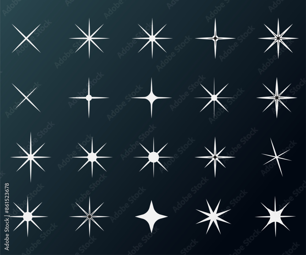 A set of shining stars. Christmas holiday decor elements. Night sky. Flat illustration. Vector file. A set of shining stars. Christmas holiday decor elements. Night sky. Flat illustration. Vector file.