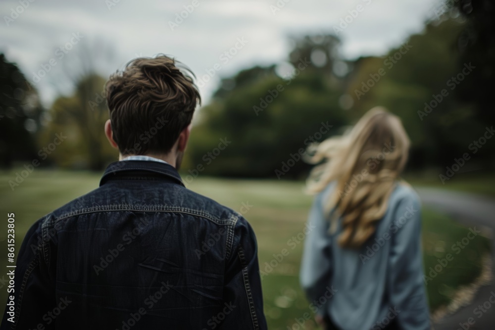 Crying woman walking away from man, park setting, overcast light, wide shot, heartbreaking and raw Crying woman walking away from man, park setting, overcast light, wide shot, heartbreaking and raw