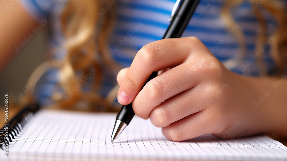 Left handed girl is writing in a ring notebook. Hand close-up view. Left handed girl is writing in a ring notebook. Hand close-up view.