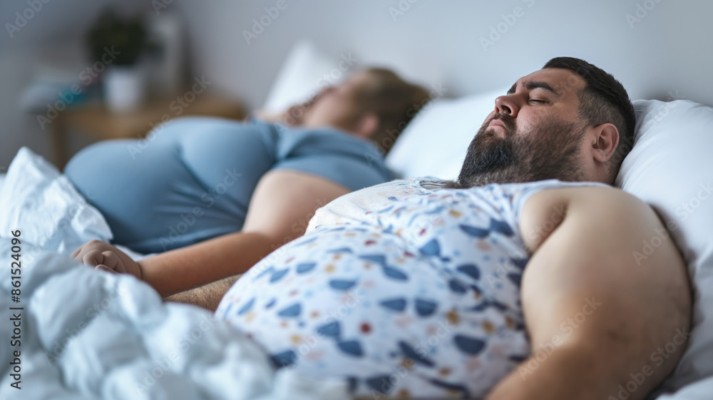Overweight couple sleeping peacefully in bed, side by side. Tranquil moment capturing rest, comfort, and companionship in a cozy bedroom setting