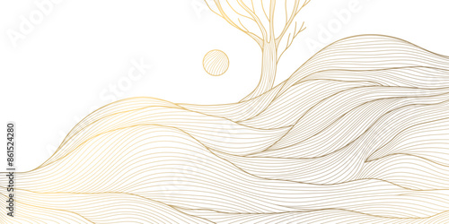 Vector abstract gold line landscape, hills with tree and sunset. Hills wallpaper, curve modern illustration, Asian style. 