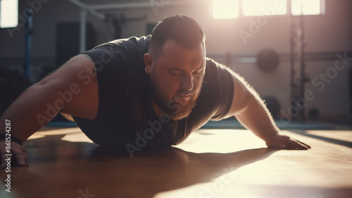 Overweight man doing push-ups in a gym, focused and determined. Capturing strength, fitness, and perseverance in an indoor workout setting © Bonsales