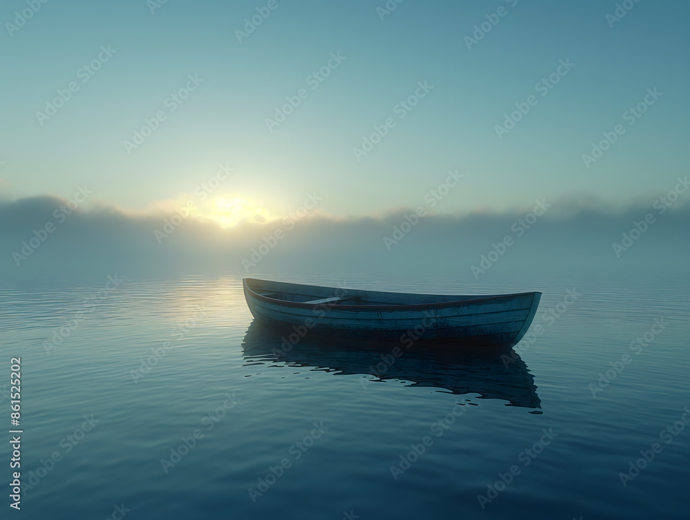 Solitary boat floating on a calm lake Solitary boat floating on a calm lake
