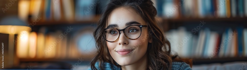 Close-up portrait of a young woman wearing glasses and looking thoughtfully at something out of frame. Close-up portrait of a young woman wearing glasses and looking thoughtfully at something out of frame.