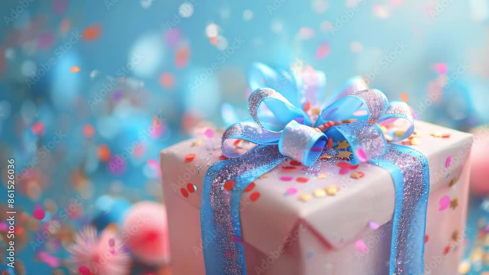 Candy pink gift box with ribbon bow and confetti on pink background