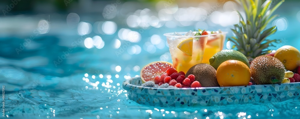 Tropical Drinks and Fruits Floating in a Pool with Clear Blue Background Tropical Drinks and Fruits Floating in a Pool with Clear Blue Background