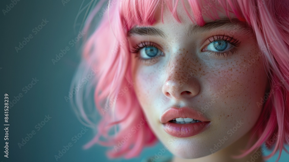 A close-up portrait of a young woman with bright pink hair, blue eyes, and freckles, highlighting her vivid features against a soft, blurred background. A close-up portrait of a young woman with bright pink hair, blue eyes, and freckles, highlighting her vivid features against a soft, blurred background.