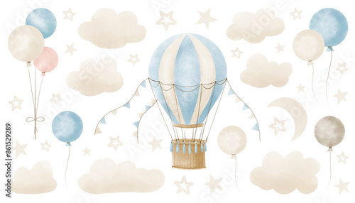 Watercolor hot Air Balloon with garlands, clouds and stars. Hand drawn Baby illustration of vintage aircraft in pastel blue end beige colors. Cute drawing for newborn shower or kid birthday. photo