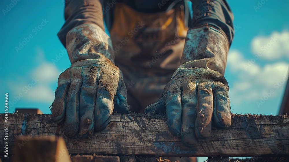 Artisan crafting woodwork under clear blue sky with heavy-duty grey gloves Artisan crafting woodwork under clear blue sky with heavy-duty grey gloves