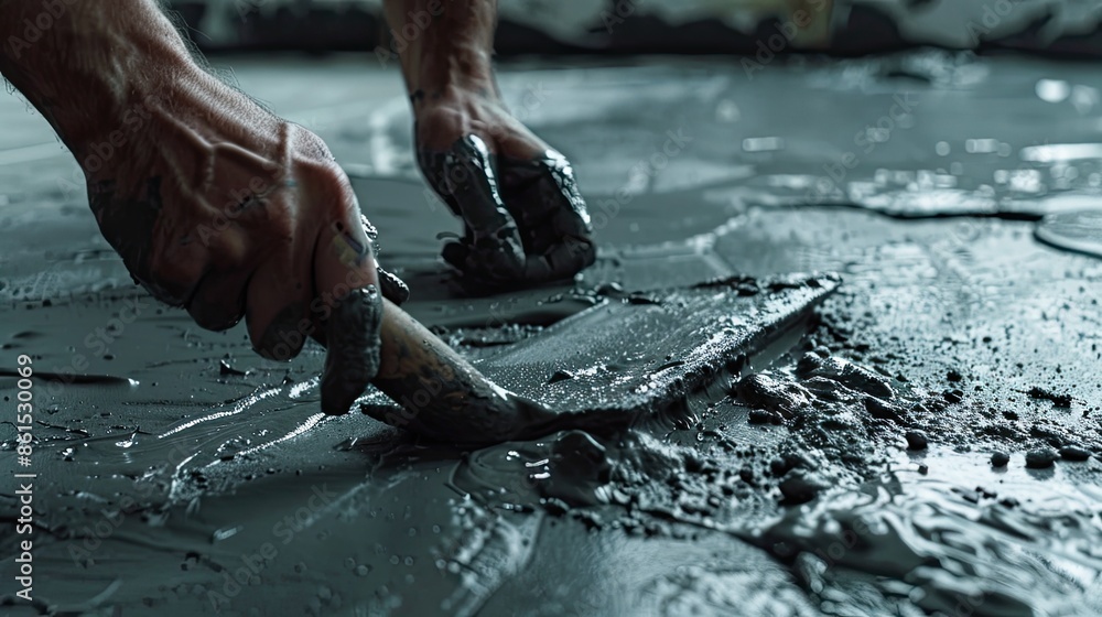 A hand holds a tool and applies grey textured paint to a wall A hand holds a tool and applies grey textured paint to a wall