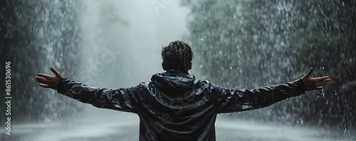 Man Embracing the Rain with Open Arms in Serene Solitude photo