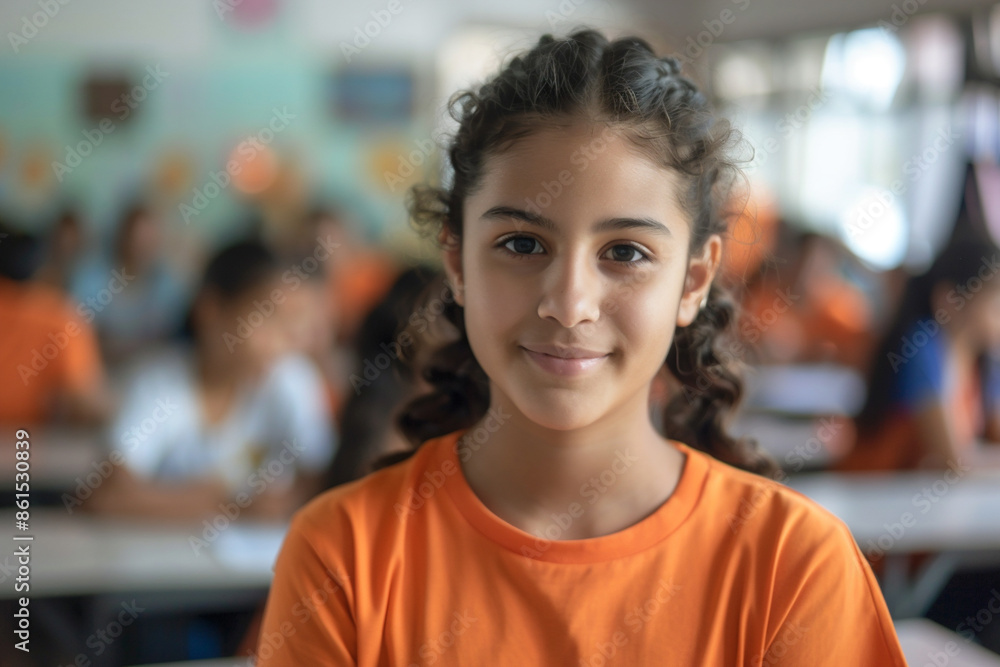Girl wearing an orange shirt is sitting in a classroom. Orange t-shirt day concept Girl wearing an orange shirt is sitting in a classroom. Orange t-shirt day concept