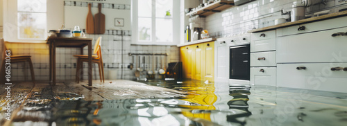 Flooded kitchen floor after water leak damage photo