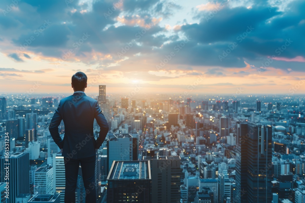 Business Leader on Rooftop Overlooking Cityscape, Visioning Future Success Business Leader on Rooftop Overlooking Cityscape, Visioning Future Success