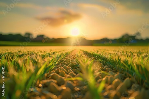 Beautiful sunset over a vibrant green agricultural field, showcasing young crops growing in neat rows, symbolizing growth and nature. photo