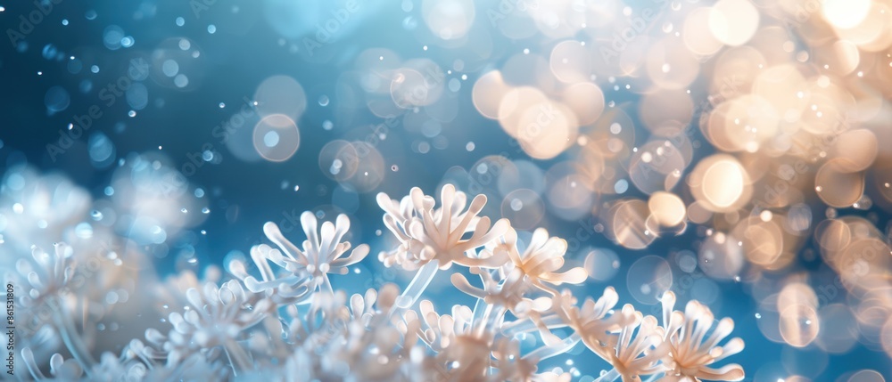 Close-up of frosty plants with a sparkling bokeh background, capturing the beauty of winter with delicate icicles and a dreamy atmosphere. Close-up of frosty plants with a sparkling bokeh background, capturing the beauty of winter with delicate icicles and a dreamy atmosphere.