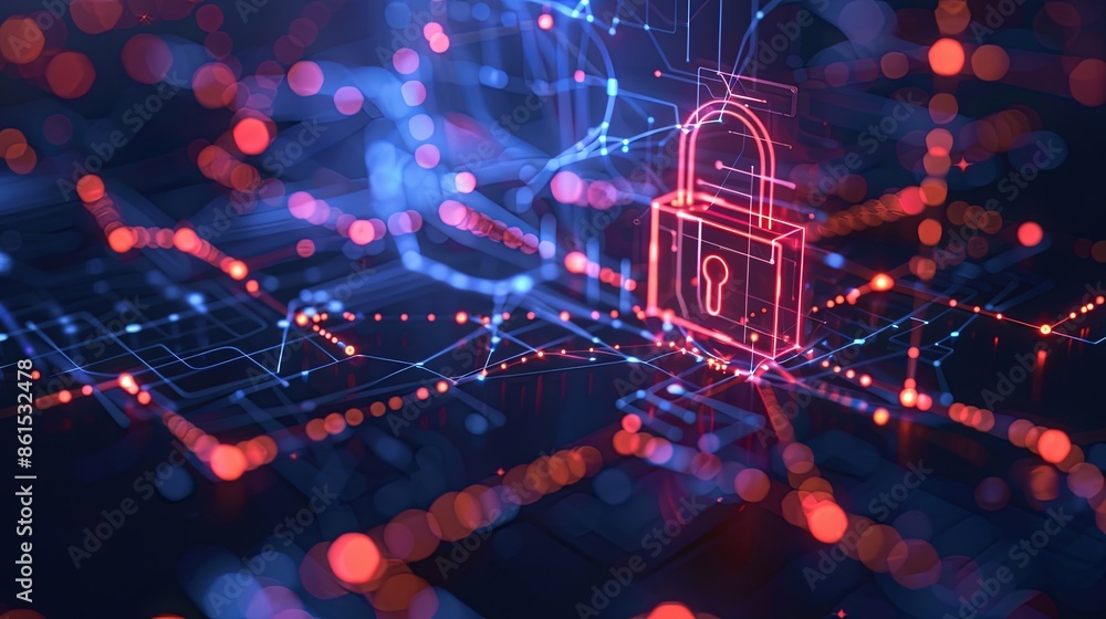 Cyber space technology concept with abstract digital padlock and glowing connections Cyber space technology concept with abstract digital padlock and glowing connections