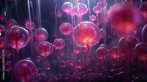 Microscopic View of Translucent Red and Pink Spheres with Filament-Like Connections photo
