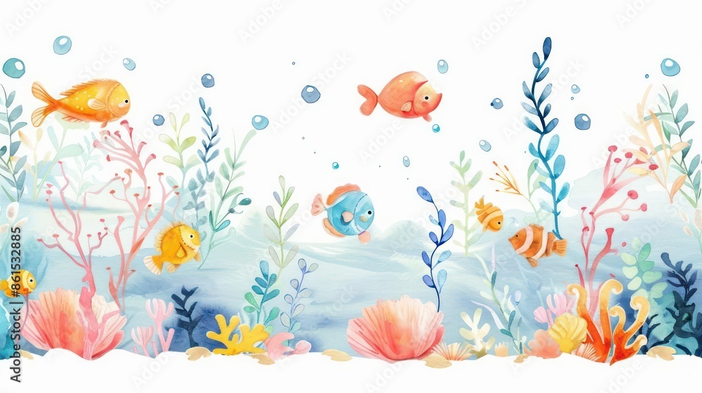 Watercolor illustration of a cute diving scene on a white background with room for copy Watercolor illustration of a cute diving scene on a white background with room for copy