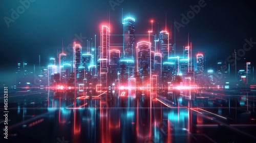 Futuristic city skyline with glowing neon lights and reflections, showcasing advanced technology and modern urban development at night.
