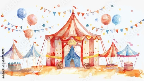 Watercolor illustration of a cute carnival scene on a white background, perfect for copy © JK_kyoto