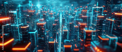 Futuristic cyberpunk cityscape with neon lights and towering skyscrapers under a moody night sky, exuding a high-tech and vibrant atmosphere.