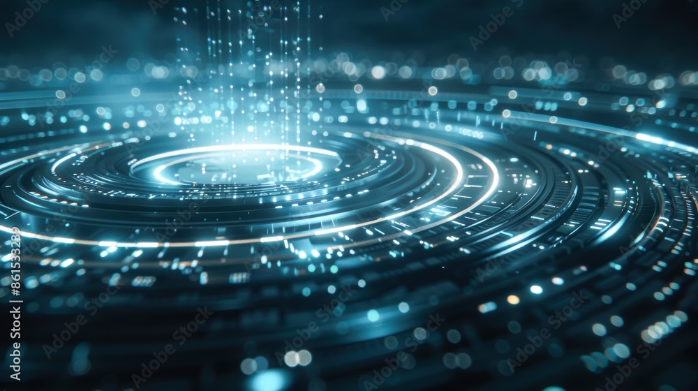 Fototapeta premium Futuristic digital illustration of data streams and abstract technology background with glowing circuits and binary elements.